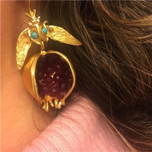 Gold Pomegranate Earrings Red Gemstone Statement Dangles - Picture 2 of 6